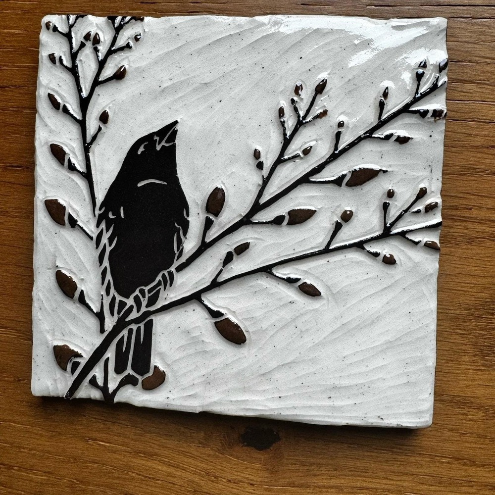 Katherine Hackl Signed handmade art tile black bird branch ceramic wall‎ plaque
